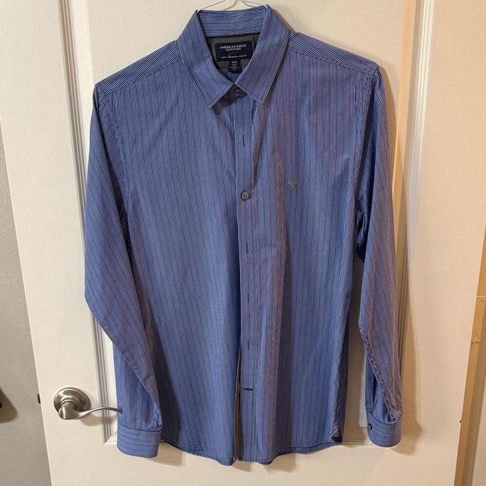 American Eagle Outfitters Men's Blue Pinstripe Dress Shirt